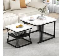 Lot de 2 Tables d'appoint Modernes, MDF Aspect marbre, Tube d'acier Blanc Brillant Noir, 2 Tables aux Dimensions 65x65x45 cm et 45x45x39,5 cm