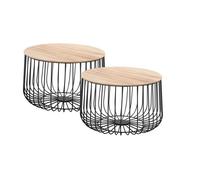 Lot de 2 tables d'appoint PADOVA paniers en métal tables à café tables basses rondes bouts de canapé vintage décor bois naturel