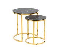 - Lot de 2 Tables d'appoint ronde en Marbre et Métal - Diam.45cm + Diam.35cm - Doré et Noir - Alysé