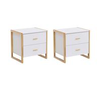 Lot de 2 tables de chevet 2 tiroirs - MDF - Blanc laqué et doré - OMBRELIA