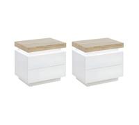 Lot de 2 tables de chevet - 2 tiroirs - MDF Laqué - Avec LEDs - Coloris : Blanc et chêne - HALO II