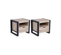 Lot de 2 tables de chevet avec 1 tiroir et 1 niche - Bois de manguier et métal - Coloris : Naturel et noir - HARLEM II