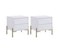 Lot de 2 tables de chevet avec 2 tiroirs - MDF et métal - Blanc laqué et doré - KORASA de