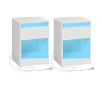 Lot de 2 Tables de Chevet avec Multiprise, avec Lumières LED Réglables, Tiroir, 2 Prises Électriques, 2 Ports USB, Blanc Nuage