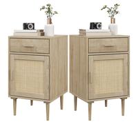 Lot de 2 tables de chevet avec placard et étagère porte rotin tissé 1 tiroir design bohème - 40 x 40 x 68,5 cm naturel