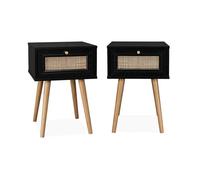Lot de 2 tables de chevet décor bois noir et cannage avec 1 tiroir