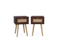 sweeek - Lot de 2 Tables de Chevet Effet Bois foncé et cannage avec 1 tiroir
