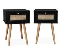 sweeek - Lot de 2 Tables de Chevet Effet Bois Noir et cannage avec 1 tiroir
