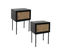 - Lot de 2 Tables de chevet en cannage 1 porte en Bois et métal - Noir et marron