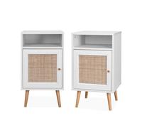 Alice's Home - Lot de 2 Tables de Chevet en cannage - Bohème - 40x39x65.8cm Blanc - 2 Niveaux - 1 Portes - 1 Espace de Rangement - Pieds scandinaves