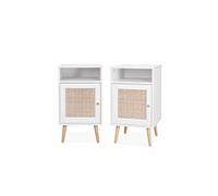 Lot de 2 tables de chevet en cannage - Bohème - 40x39x65.8cm Blanc - 2 niveaux - 1 portes - 1 espace de rangement - pieds