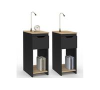 IDMarket Lot de 2 tables de chevet étroites ANOUK 1 tiroir avec niche noir et bois