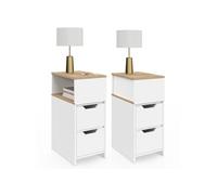 IDMarket - Lot de 2 Tables de Chevet étroites Anouk Blanc et Bois | Avec 2 tiroirs avec 1 niche latérale réversible
