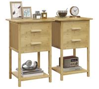 HOMCOM Lot de 2 Tables de Chevet Bambou 40 x 34 x 60 cm Naturel | Table d'Appoint, 2 Tiroirs et 1 Étagère, Style Scandinave