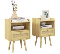 Lot de 2 tables de chevet - HOMCOM - tiroir effet rotin et compartiment ouvert - 40 x 30 x 60 cm - effet bois naturel