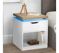 Lot De 2 Tables De Chevet Luna À Leds Avec 1 Tiroir Blanc Et Plateau Effet Bois Blanc