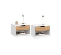 IDMarket - Lot de 2 Tables de Chevet murales Cathy 1 tiroir avec Niche façon hêtre et Blanc