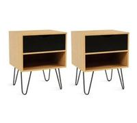 IDMarket Tables de chevet Noemi Lot de 2 – 1 tiroir, 1 étagère, bois, pied épingle, marron