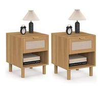 IDMarket - Lot de 2 tables de chevet ROBIN 1 tiroir avec niche bois et tissu effet lin