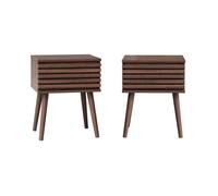 sweeek - Lot de 2 Tables de Chevet Style scandinave décor Bois avec tiroir rainuré Noyer et Pieds Compas