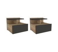 Lot de 2 tables de chevet suspendues - 1 tiroir - Coloris : Naturel et anthracite - AZELNO