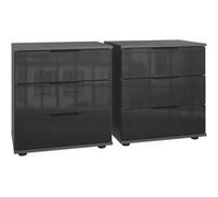 Lot de 2 tables de chevet, table de nuit avec 3 tiroirs coloris Graphite et verre noir - Longueur 104 x Hauteur 58 x Profondeur 38 cm - -