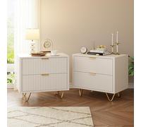 Lot de 2 Tables de Chevet, Tables Basse avec 2 Tiroirs, Table d'appoint avec Pieds et Poignées Dorées, Coiffeuse nervurée avec Motif Vague et Commode Moderne Meuble de Rangement (Blanc-2, 49x29x47)