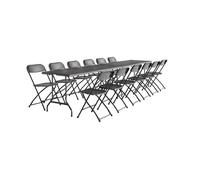 Lot de 2 tables de réception pliables en plastique gris 180cm + 12 chaises d'appoint. table de camping
