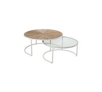 Lot de 2 tables gigognes 91 et 71 cm en sapin, verre et métal blanc
