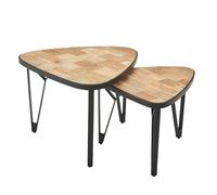 Lot de 2 tables gigognes design en bois massif mangue/acacia - Table d'appoint triangulaire - Table de salon marron avec pieds en métal - Set de table 2 pièces - Table gigogne en bois/métal noir