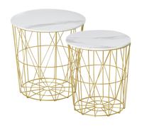 Lot de 2 tables gigognes néo-rétro métal doré aspect marbre blanc