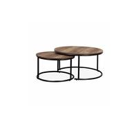 Lot de 2 tables gigognes rondes métal noir décor bois - Loft - encastrables 1x Ø77 x H 40cm / x1 Ø57 x H 35cm
