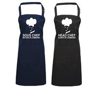 Lot de 2 tabliers de cuisine assortis « Headchef » et « Sous Chef », ensemble cadeau, Noir/bleu marine, taille unique