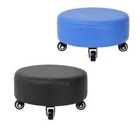 Lot de 2 tabourets bas à roulettes avec roulettes - Sièges ronds rembourrés extra épais pour chambre à coucher, maison ou coiffeuse, tabouret court confortable (bleu et noir)