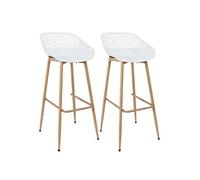 TRESSIE - Lot de 2 Tabourets Blancs Pieds Effet Bois Verni