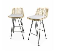 Lot de 2 tabourets de bar 67cm. métal et rotin. assise beige - Cahya