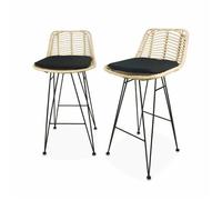 Lot de 2 tabourets de bar 67cm. métal et rotin. assise noire - Cahya