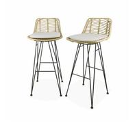 Lot de 2 tabourets de bar 75cm. métal et rotin. assise beige - Cahya