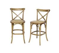 Lot de 2 tabourets de bar bistrot vintage en bois marron vieilli avec repose-pieds