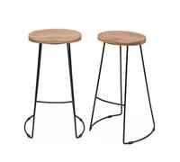 Lot de 2 tabourets de bar bois de manguier naturel et acier. avec repose pieds. 75cm