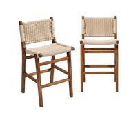 Lot de 2 tabourets de bar en bois d'hévéa effet noyer et assise en cordes beiges