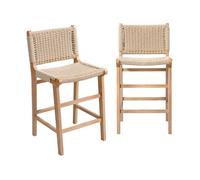 Lot de 2 tabourets de bar en bois d'hévéa naturel et assise en cordes beiges