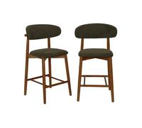 Lot de 2 tabourets de bar en bois d'hévéa noyer et tissu chenille kaki - Paola