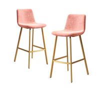 Lot de 2 tabourets de bar en velours rose avec assise rembourrée avec dossier pour bistrot, pub, comptoir de cuisine, pieds en métal doré, hauteur d'assise 64,8 cm/74,9 cm