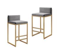 Lot de 2 tabourets de bar hauts en velours avec dossier et base dorée pour cuisine et salle à manger - Design moderne et élégant - Assise rembourrée confortable