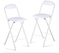 Lot de 2 tabourets de bar hauts pliants avec dossier et repose-pieds - Chaises de comptoir en métal portables et pliables pour cuisine et petit déjeuner - 65 cm, blanc/noir