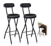 Lot de 2 tabourets de bar hauts pliants et portables - Rembourrés - Rond - Avec dossier - Pour petit déjeuner et salle à manger - Noir - 55 cm