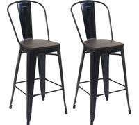 2x Tabouret De Bar Hwc-A73 Avec Siège En Bois, Chaise Comptoir Avec Dossier, Métal, Design Industriel Noir Multicolore
