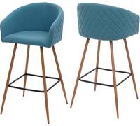 lot de 2 tabourets de bar HWC-D72, chaise de bar tabouret de comptoir tabouret de cuisine avec dossier, métal imitation bois ~ tissu/textile, turquoise