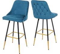 lot de 2 tabourets de bar HWC-E70, chaise de bar tabouret de comptoir, design rétro velours entretoises/pieds or ~ bleu pétrole